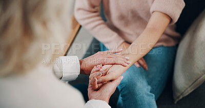 Buy stock photo Doctor, hands and checking pulse with patient for heart rate, medical diagnosis or health exam. Woman, healthcare worker or monitoring client pressure with arm for radial artery, vein or cardiac test