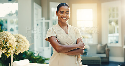 Buy stock photo Pride, portrait or woman in spa with arms crossed, massage therapist or about us in hospitality. Happy, flare or masseuse with confidence, bodywork specialist and holistic worker in wellness industry