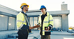Technician, discussion and inspection at site with construction worker, advice and building project. Happy men, builder and talk outdoor with electrician for property development, plan and teamwork.