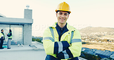 Buy stock photo Portrait, happy man and worker at construction site with arms crossed, building or development ppe. Smile, renovation laborer and male person with safety helmet outdoor, confidence and about us