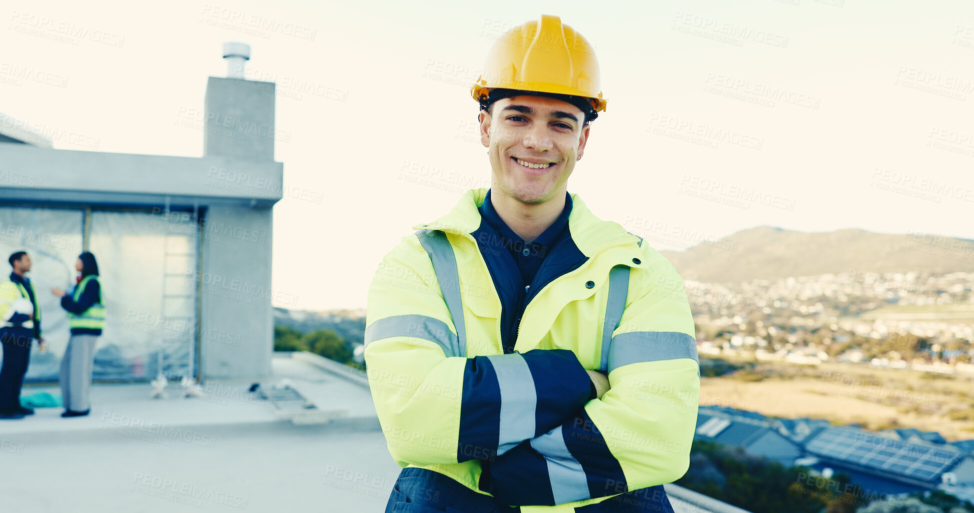 Buy stock photo Portrait, happy man and worker at construction site with arms crossed, building or development ppe. Smile, renovation laborer and male person with safety helmet outdoor, confidence and about us