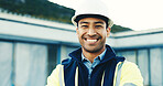 Portrait, happy man and engineer outdoor for construction, building renovation or development ppe. Smile, male person and architecture professional with safety helmet at site, maintenance or about us