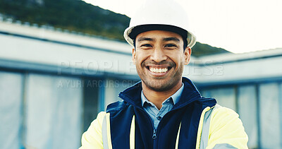 Buy stock photo Portrait, happy man and engineer outdoor for construction, building renovation or development ppe. Smile, male person and architecture professional with safety helmet at site, maintenance or about us