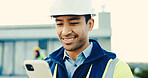 Man, engineer and phone at site for construction, research and email client for architecture design. Smile, person and reading outdoor with mobile, online blueprint and inspection report for project