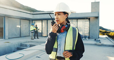 Buy stock photo Supervisor, construction and woman outdoor with radio for talking, instruction and building update. Engineering, architecture and person with communication, compliance and feedback for renovation