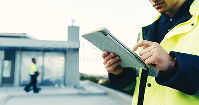 Buy stock photo Construction, building and hands of man on tablet for planning, review or online report. Architecture, engineer and person on tech scroll for inspection, schedule or evaluation for renovation project