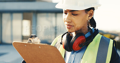 Buy stock photo Woman, architect or checklist with clipboard for building inspection or safety on construction site. Female person, contractor or civil engineer taking notes for architecture project or security
