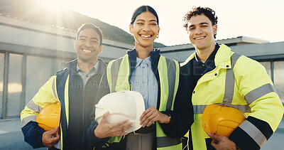 Buy stock photo Construction, leader or team on site with portrait, about us or collaboration in building renovation. Flare, supervisor or people with smile, development group or confidence in remodeling industry.