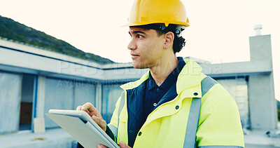 Buy stock photo Construction, thinking or man with tablet, site inspection or reflection on remodeling project. Review, ppe or engineer with tech, progress perspective or operation plan in infrastructure renovation.