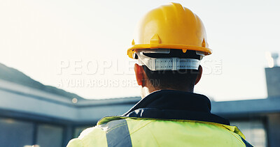 Buy stock photo Construction, thinking or man outdoor with inspection, progress track or perspective on remodeling. Space, back or engineer with review, project reflection or operation plan on renovation site.