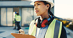 Woman, architect or thinking with clipboard on construction site for building inspection or safety. Female person, contractor or civil engineer checking structure for architecture quality or security