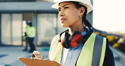 Buy stock photo Woman, architect or thinking with clipboard on construction site for building inspection or safety. Female person, contractor or civil engineer checking structure for architecture quality or security