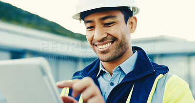 Buy stock photo Construction, happy or man outdoor with tablet, permit approval or good news on remodeling progress. Smile, digital or supervisor with tech, compliance passed or renovation agreement in client email.