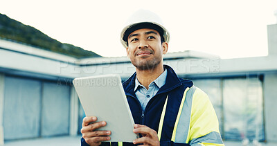 Buy stock photo Construction, thinking or man with tablet, outdoor inspection or reflection on remodeling project. Review, ppe or supervisor with tech, progress perspective or operation plan in building renovation.