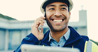 Buy stock photo Phone call, happy man or engineer with tablet for construction schedule, progress update or outdoor. Technology, engineering and person talk with contact, building development and project feedback