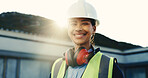 Portrait, happy woman and engineer outdoor for construction, building renovation or development PPE. Smile, female person or architecture professional with safety helmet at site, confidence and flare