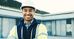 Portrait, happy man and engineer at site for construction, building renovation or development ppe. Smile, male person and architecture professional with safety helmet outdoor, confidence or about us