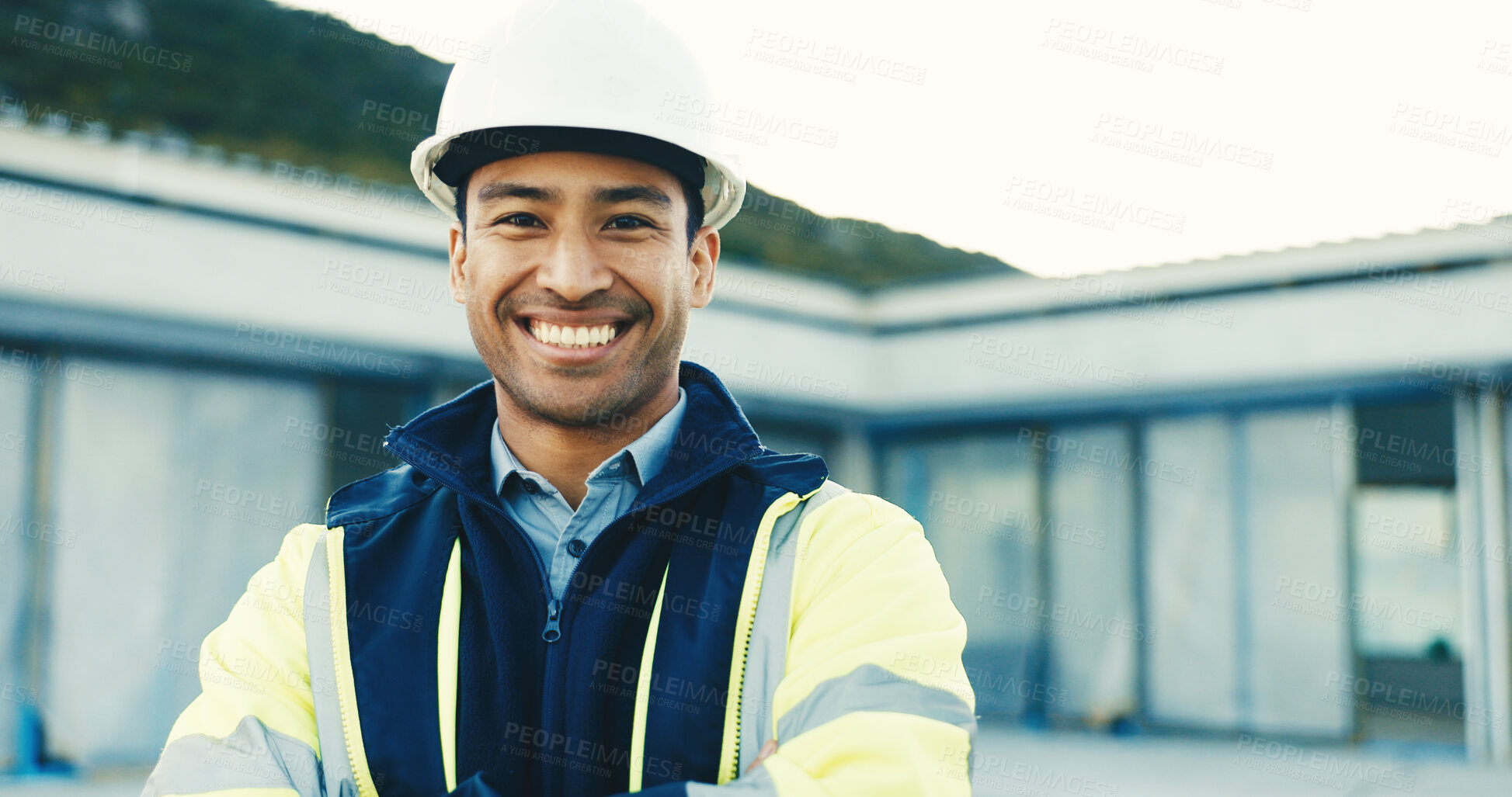 Buy stock photo Portrait, happy man and engineer at site for construction, building renovation or development ppe. Smile, male person and architecture professional with safety helmet outdoor, confidence or about us