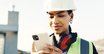 Woman, engineer and phone at site for construction, email and contact client for building design. Smile, person and reading outdoor with mobile, online blueprint and information for expansion project