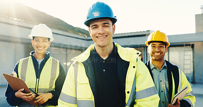 Buy stock photo Construction, portrait and team with renovation, collaboration and about us in building industry. Flare, people and engineer with smile, development group and confidence in remodeling project.