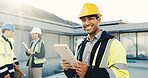 Man, engineer and tablet outdoor for construction, research and checklist for building progress. Portrait, person or smile on rooftop with tech, blueprint and inspection report on architecture update