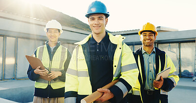 Buy stock photo Construction, smile or team outdoor with portrait, about us or collaboration in building renovation. PPE, happy people and engineer with flare, development group and confidence in remodeling industry
