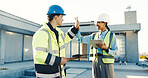 People, engineer and high five outdoor for construction, approval or success of project completion. Smile, team and celebration at site with tablet, building development and architecture achievement