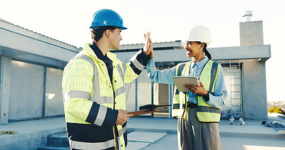 Buy stock photo People, engineer and high five outdoor for construction, approval or success of project completion. Smile, team and celebration at site with tablet, building development and architecture achievement