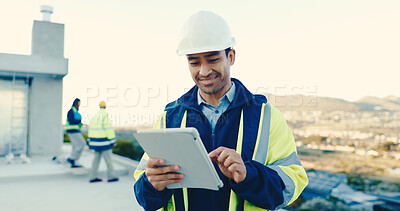 Buy stock photo Construction, smile or man outdoor with tablet, permit approval or good news on remodeling progress. Space, digital or supervisor with tech, compliance passed or renovation agreement in client email.