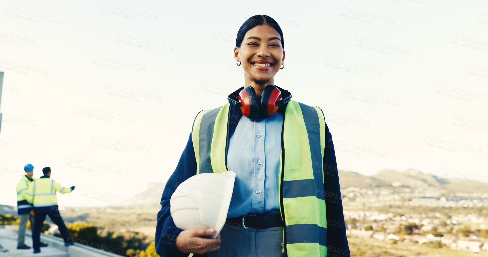 Buy stock photo Portrait, happy woman and engineer at site for construction, building renovation or development PPE. Smile, person and architecture professional with safety helmet outdoor, confidence or about us