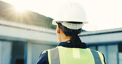 Buy stock photo Construction, thinking or woman outdoor with back, progress track or mindset in building remodeling. Flare, space or supervisor with review, project reflection or operation plan on renovation site.