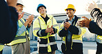 Happy, team and clap on site with construction worker, property development progress or achievement. People, electrician and builder outdoor with celebration, applause and good news from supervisor.
