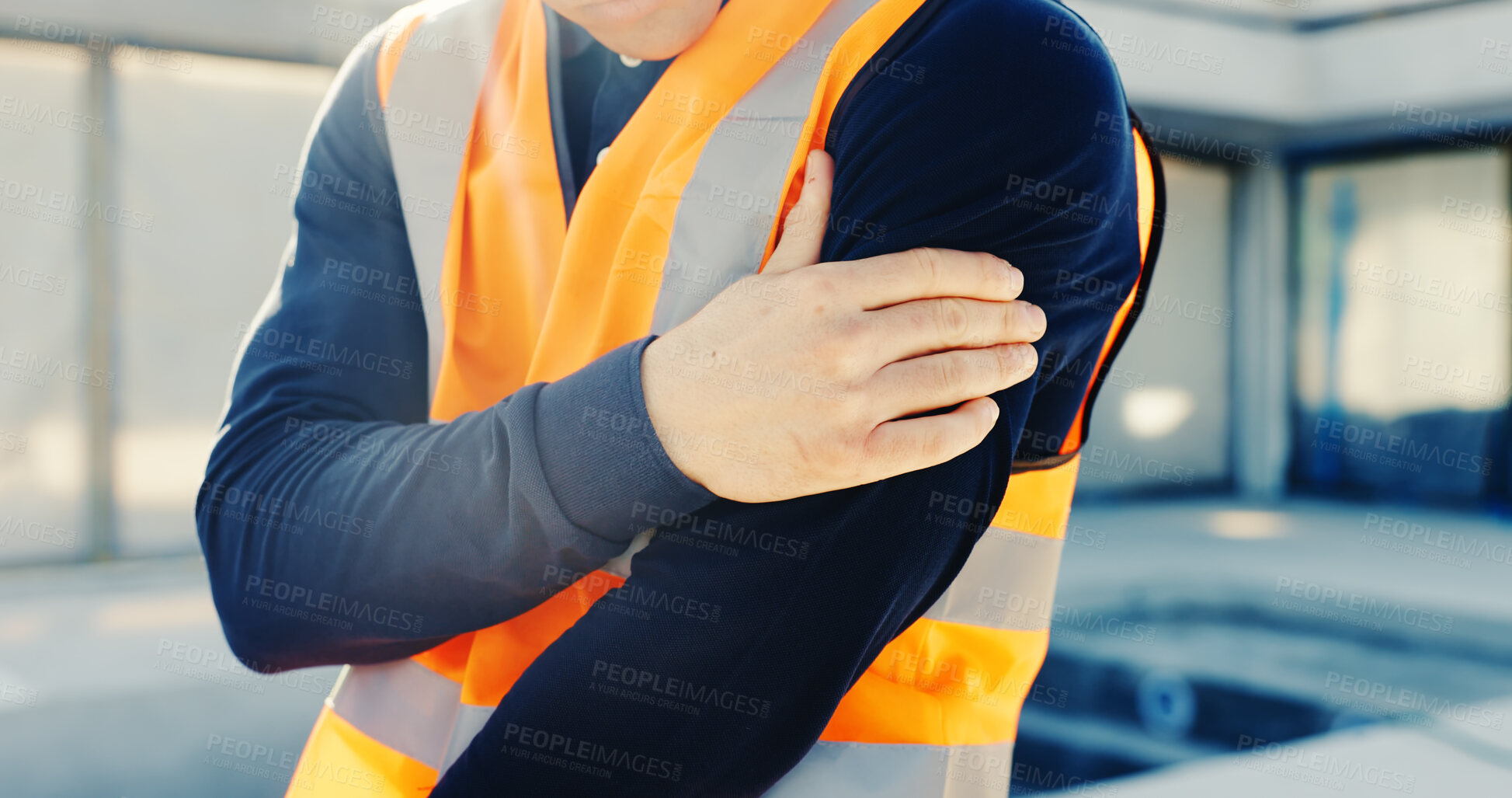 Buy stock photo Construction, accident and man with shoulder pain, strain and injury for stress at building site. Engineering, hands and person with massage, hurt and muscle fatigue for burnout, sprain and mistake