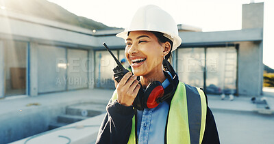 Buy stock photo Happy, construction and woman outdoor with radio for talking, instruction and building update. Engineering, architecture and person with communication, compliance and feedback for remodeling review