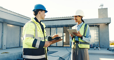 Buy stock photo Engineer, talk and meeting at construction site with technician, tablet or update on electrical work. Happy people, supervisor and electrician outdoor with tech, discussion and feedback for building.