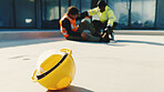 Man, builder and helmet with injury on construction site for building accident, fall or mistake. Frustrated, male person or contractor with emergency help or hard hat for PPE safety or incident