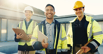Buy stock photo Construction, happy or team on site with portrait, about us or collaboration in building renovation. Flare, people or engineer with smile, development group or confidence in remodeling industry.