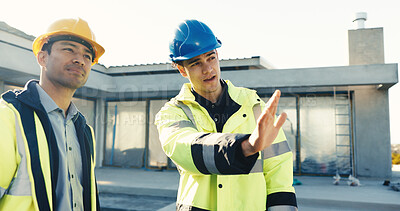 Buy stock photo Technician, planning and meeting at site with construction worker, advice and discussion for project. Men, builder and talk outdoor with electrician for guidance, property development or partnership.