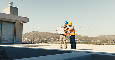 Buy stock photo Blueprint, construction and men on building rooftop for planning, evaluation and remodeling. Architecture, contractor and people in meeting with layout, paperwork and design for renovation project