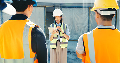 Buy stock photo Woman, architect and tablet with building team for meeting, construction planning or briefing. Female person, contractor or discussion with technology, electrician or builder for architecture project