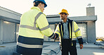 People, builder and handshake with electrician on construction site for building project or teamwork. Men, technician or shaking hands with labor worker for architecture partnership or deal together