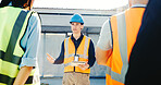 Man, electrician and tablet with building team for meeting, construction planning or briefing. Male person, contractor or discussion with technology or group for architecture project or development