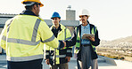 Engineer, meeting and handshake at construction site with builder, tablet and technician for project. Happy people, supervisor and shaking hands outdoor with worker, electrician and collaboration.