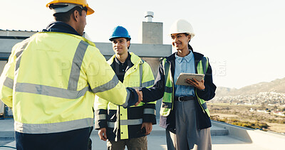 Buy stock photo Engineer, meeting and handshake at construction site with builder, tablet and technician for project. Happy people, supervisor and shaking hands outdoor with worker, electrician and collaboration.
