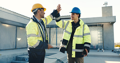 Buy stock photo Men, engineer and high five at site for construction, approval and success of project completion. Smile, team and celebration outdoor with clipboard, building progress and achievement of architecture