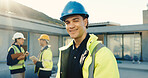 Portrait, man and engineer at site for architecture, inspection and ppe compliance for construction. Smile, male person and hard hat outdoor for safety, project supervisor and building development