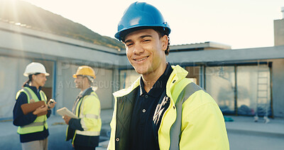 Buy stock photo Portrait, man and engineer at site for architecture, inspection and ppe compliance for construction. Smile, male person and hard hat outdoor for safety, project supervisor and building development