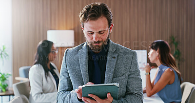 Buy stock photo Businessman, research and management with tablet in boardroom for project investment or strategy. Man, employee or checking finance with technology for financial plan or online budget in workplace
