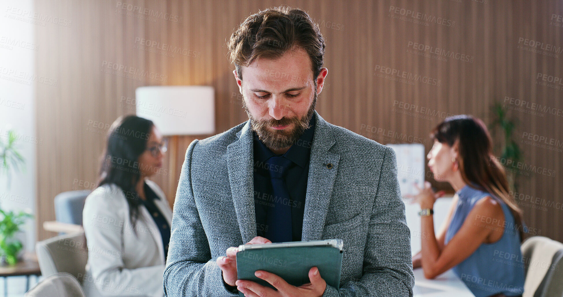 Buy stock photo Businessman, research and management with tablet in boardroom for project investment or strategy. Man, employee or checking finance with technology for financial plan or online budget in workplace