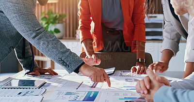 Buy stock photo Pointing, documents and business people with graph, finance report and planning for investment. Team, office and workers with paperwork, chart and research for financial strategy for profit growth